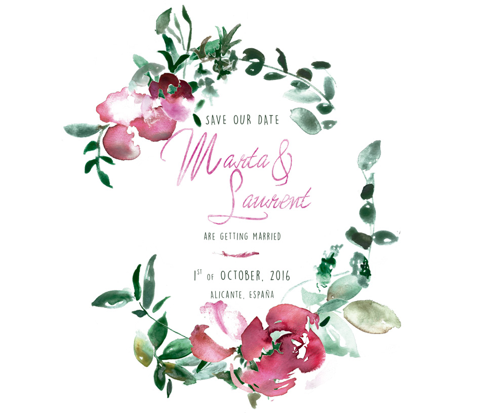 Invitación con flores burdeos y helechos en acuarela