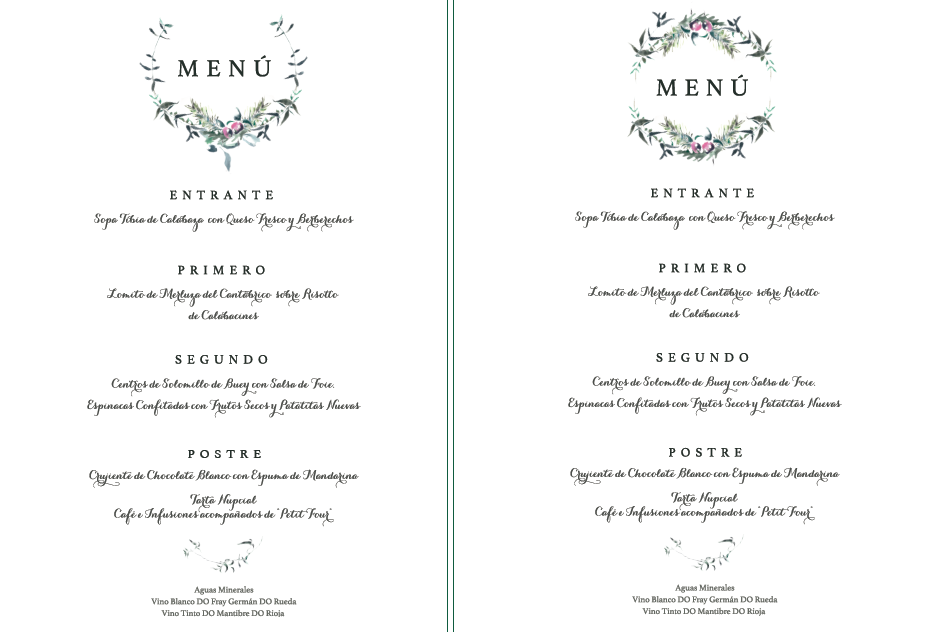 Minuta de boda en acuarela. Sí, quiero.